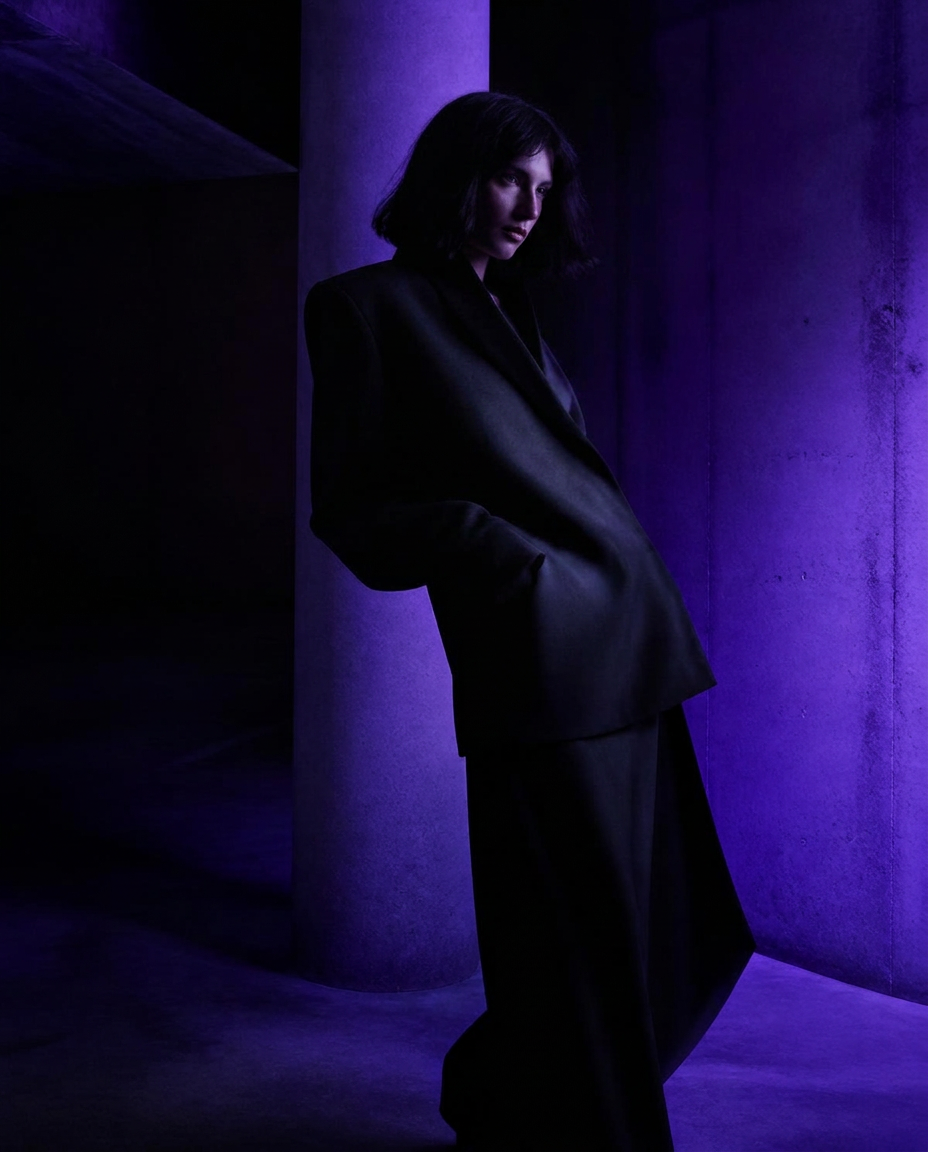Sculptural figure in tailored black clothing under violet architectural light